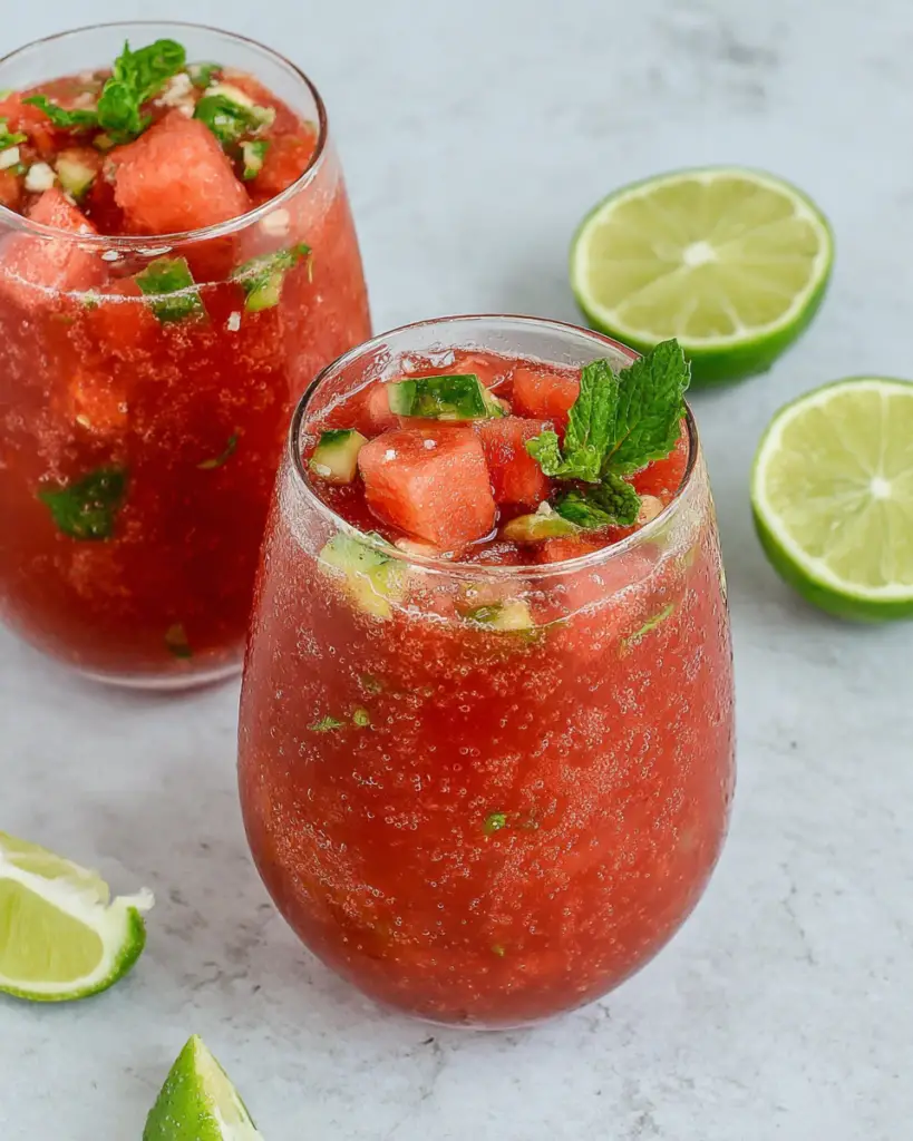 A refreshing glass of Sangria Latina made with fresh watermelon, lime juice, white rum, ginger syrup, and sparkling Prosecco, served over ice with a watermelon garnish on a white marble countertop in natural sunlight.