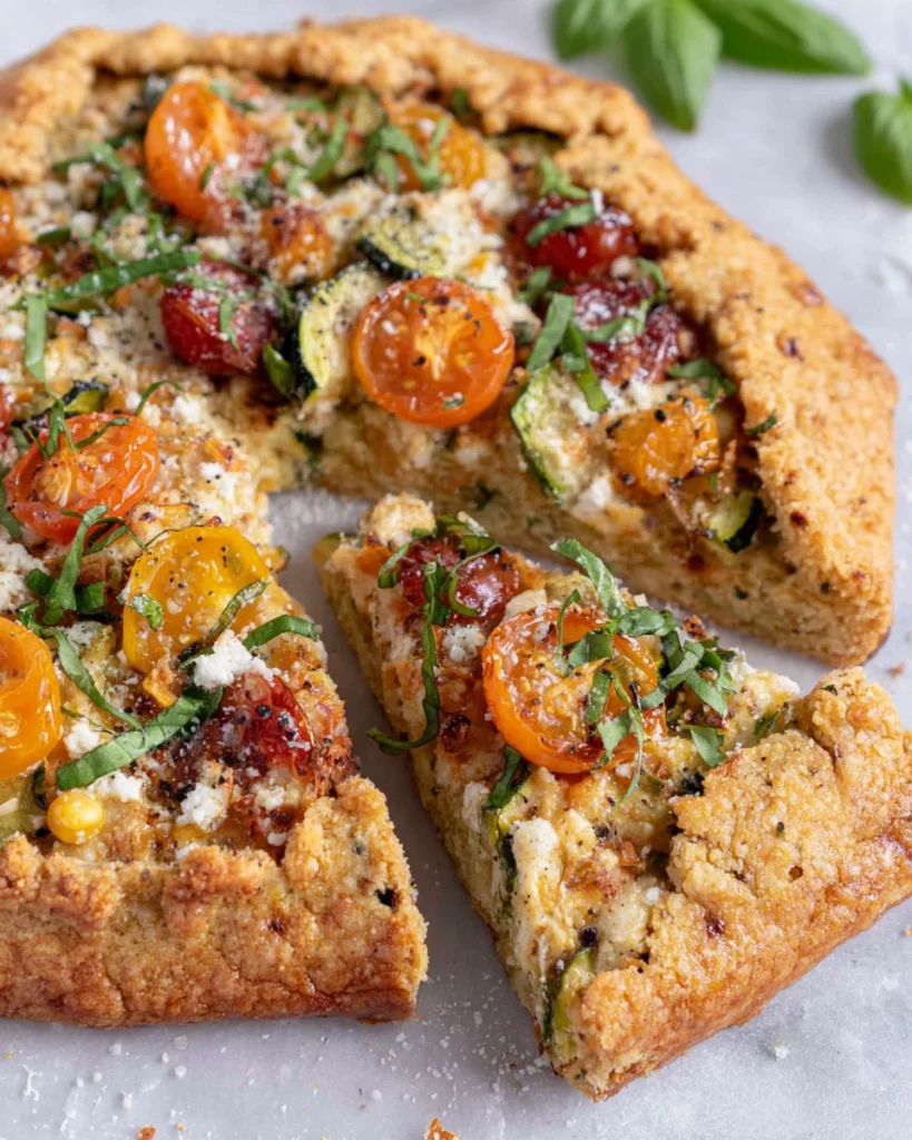 Savory Summer Galette Recipe with a flaky golden cornmeal crust filled with creamy ricotta, zucchini, sweet corn, juicy cherry tomatoes, Parmesan cheese, and fresh basil, baked until golden brown and served on a white plate.