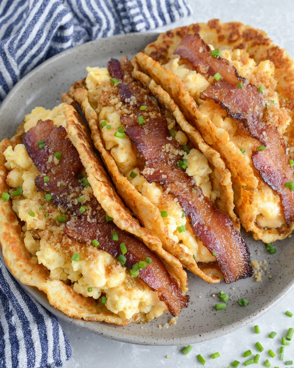 Savory Pancake Tacos with Crispy Bacon and Soft Scrambled Eggs