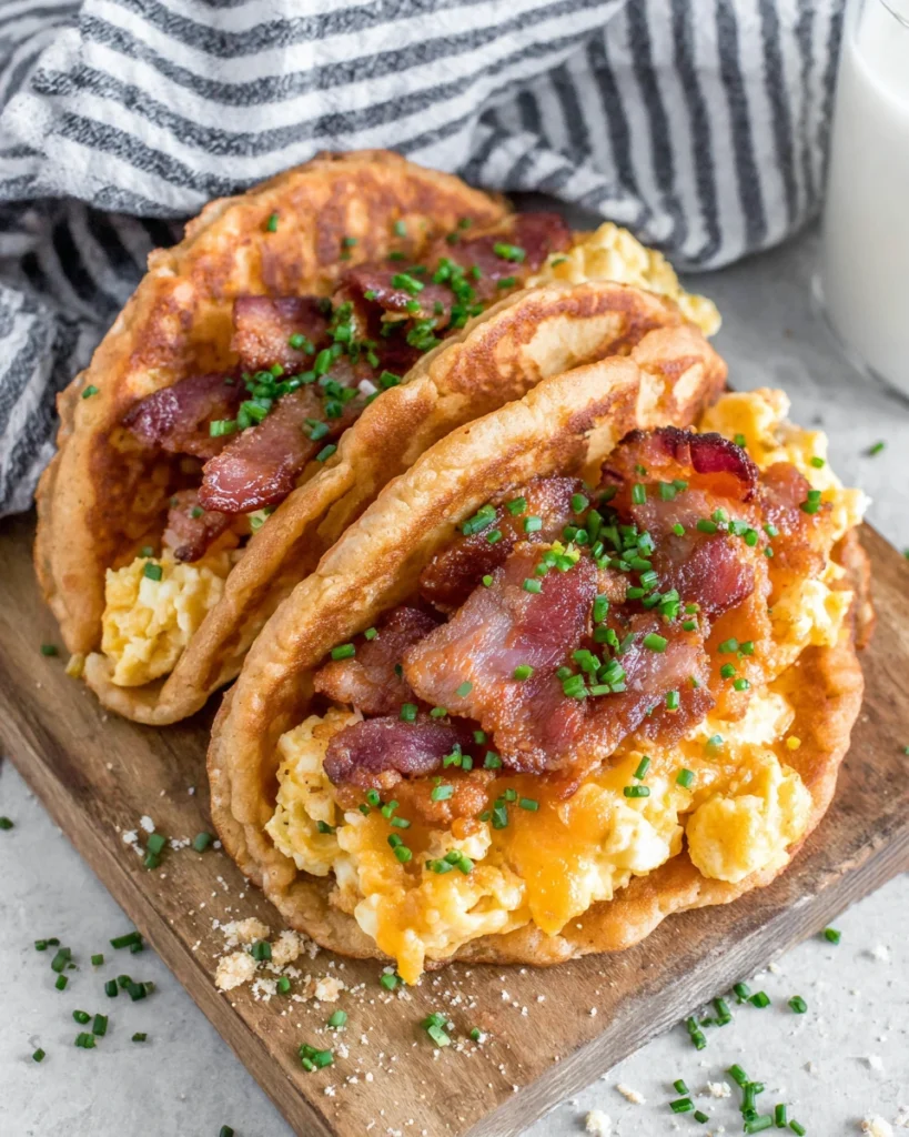 Savory Pancake Tacos filled with fluffy soft scrambled eggs, crispy bacon, melted cheddar cheese, and fresh chives inside golden homemade pancakes on a white plate, photographed in natural light with a cozy homemade breakfast presentation.