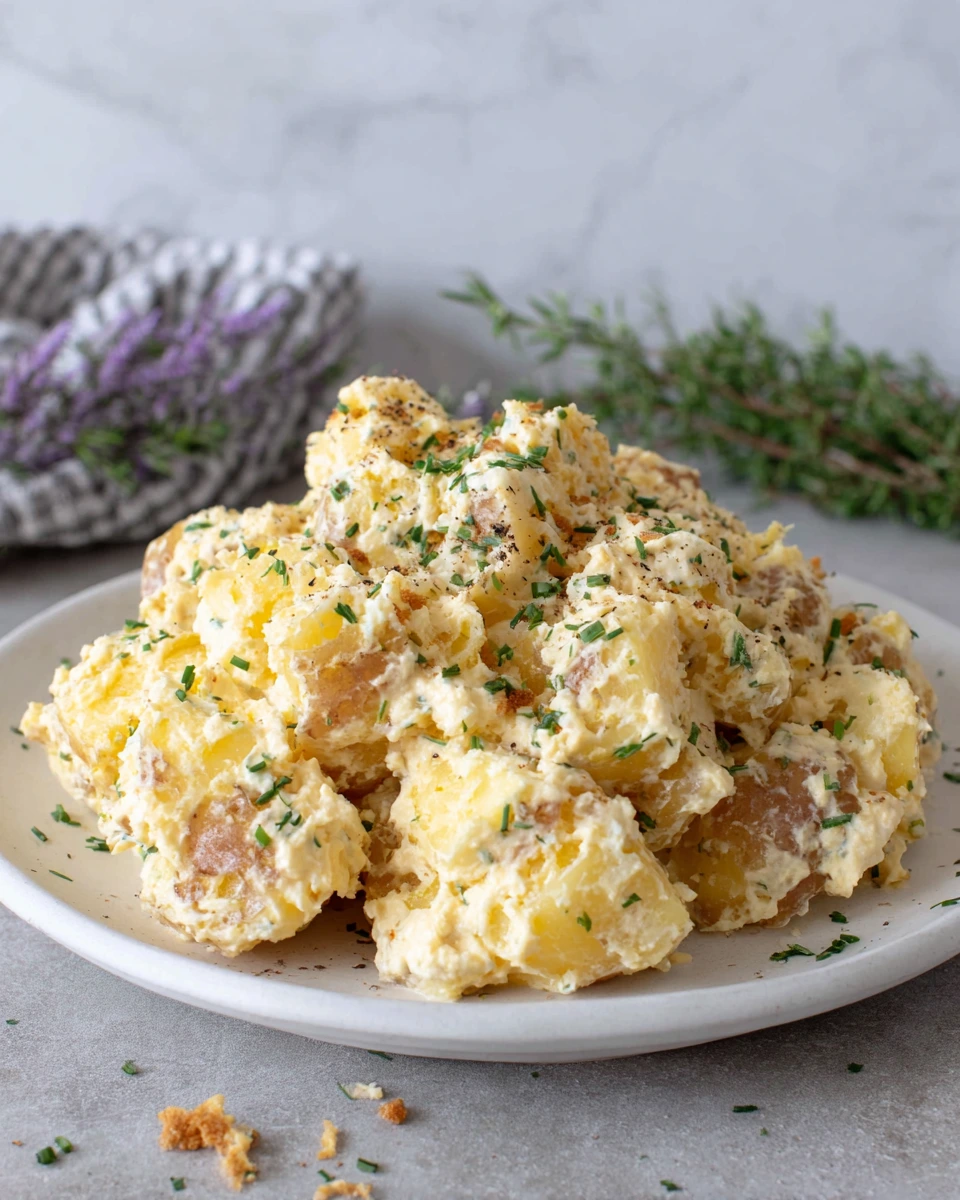A bowl of creamy Simple Vegan Potato Salad made with Yukon Gold potatoes, tahini, cashew butter, fresh dill, basil, oregano, and chives, served in a rustic bowl on a white marble countertop in natural light.