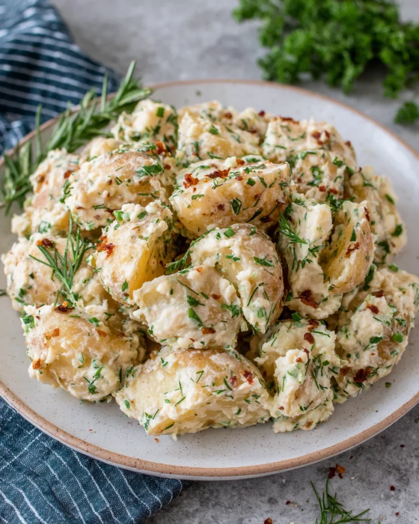 A bowl of creamy Simple Vegan Potato Salad made with Yukon Gold potatoes, tahini, cashew butter, fresh dill, basil, oregano, and chives, served in a rustic bowl on a white marble countertop in natural light.
