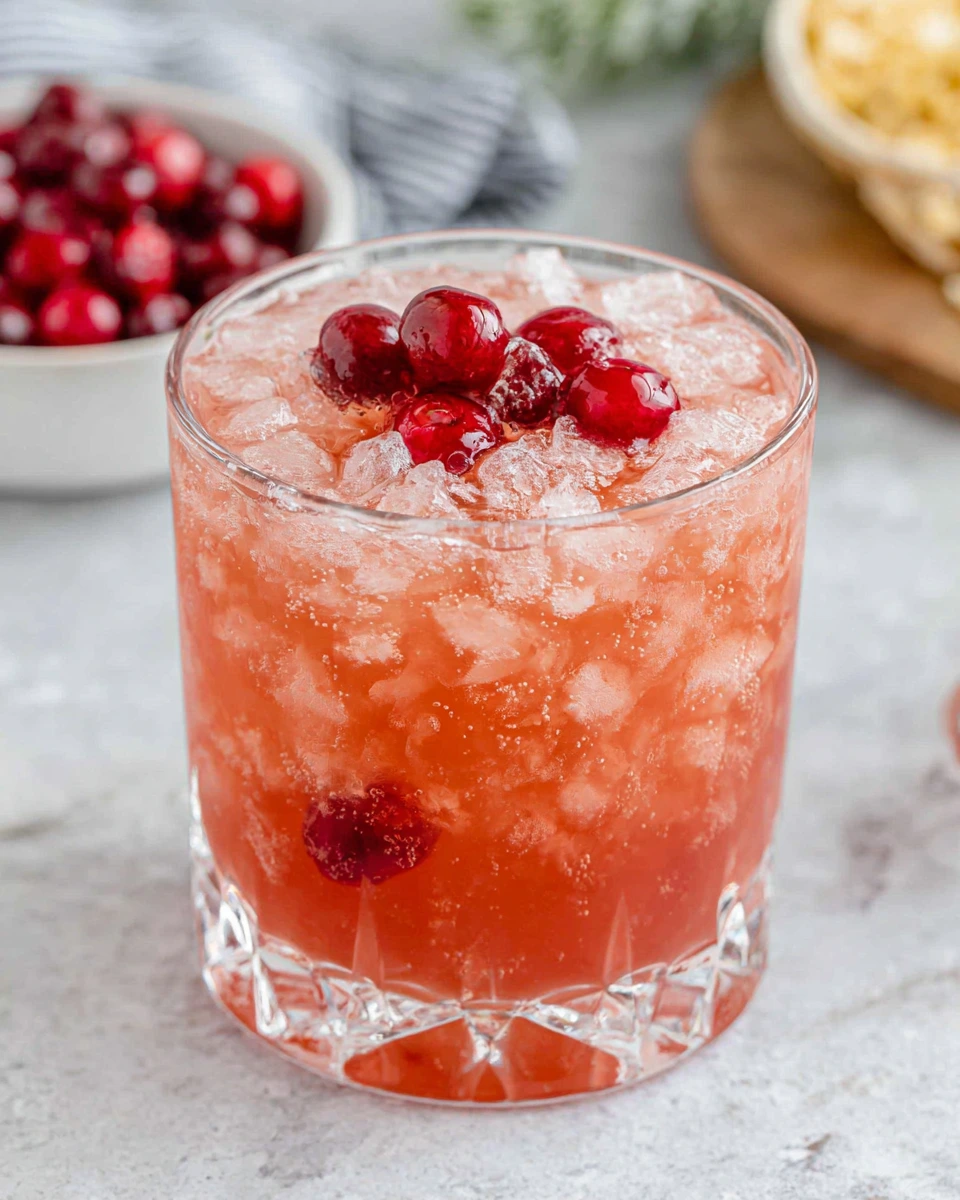 A sparkling pink Sleeping Beauty Cocktail served over ice in a crystal rocks glass, garnished with maraschino cherries on a white marble countertop in a bright home kitchen.