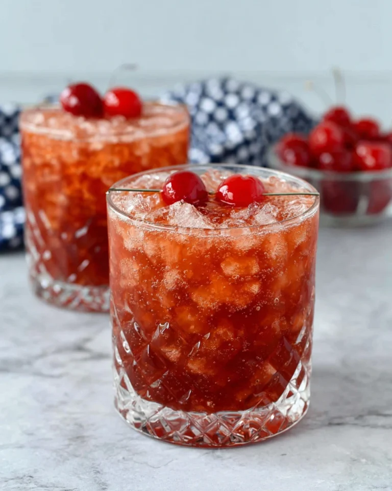 A sparkling pink Sleeping Beauty Cocktail served over ice in a crystal rocks glass, garnished with maraschino cherries on a white marble countertop in a bright home kitchen.