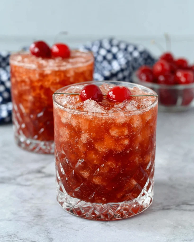 A sparkling pink Sleeping Beauty Cocktail served over ice in a crystal rocks glass, garnished with maraschino cherries on a white marble countertop in a bright home kitchen.