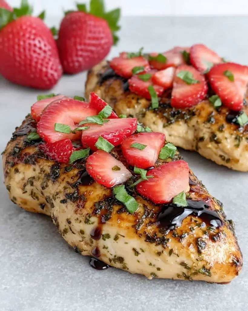 Strawberry Basil Chicken with Honey Balsamic Glaze served on a white plate, featuring juicy pan-seared chicken breasts coated in a glossy honey balsamic glaze and topped with fresh sliced strawberries and torn basil. A vibrant, sweet and savory summer dinner photographed in natural light on a white marble countertop.