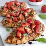 Strawberry Basil Chicken with Honey Balsamic Glaze served on a white plate, featuring juicy pan-seared chicken breasts coated in a glossy honey balsamic glaze and topped with fresh sliced strawberries and torn basil. A vibrant, sweet and savory summer dinner photographed in natural light on a white marble countertop.