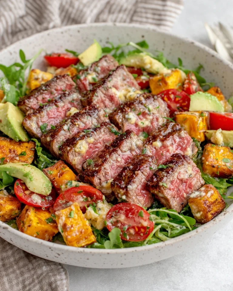Sweet Potato Fry Steak Salad with Blue Cheese Butter served in a large bowl with juicy sliced ribeye steak, crispy roasted sweet potato fries, fresh romaine lettuce, cherry tomatoes, creamy avocado, melted blue cheese butter, and homemade balsamic vinaigrette on a white marble countertop in natural light.
