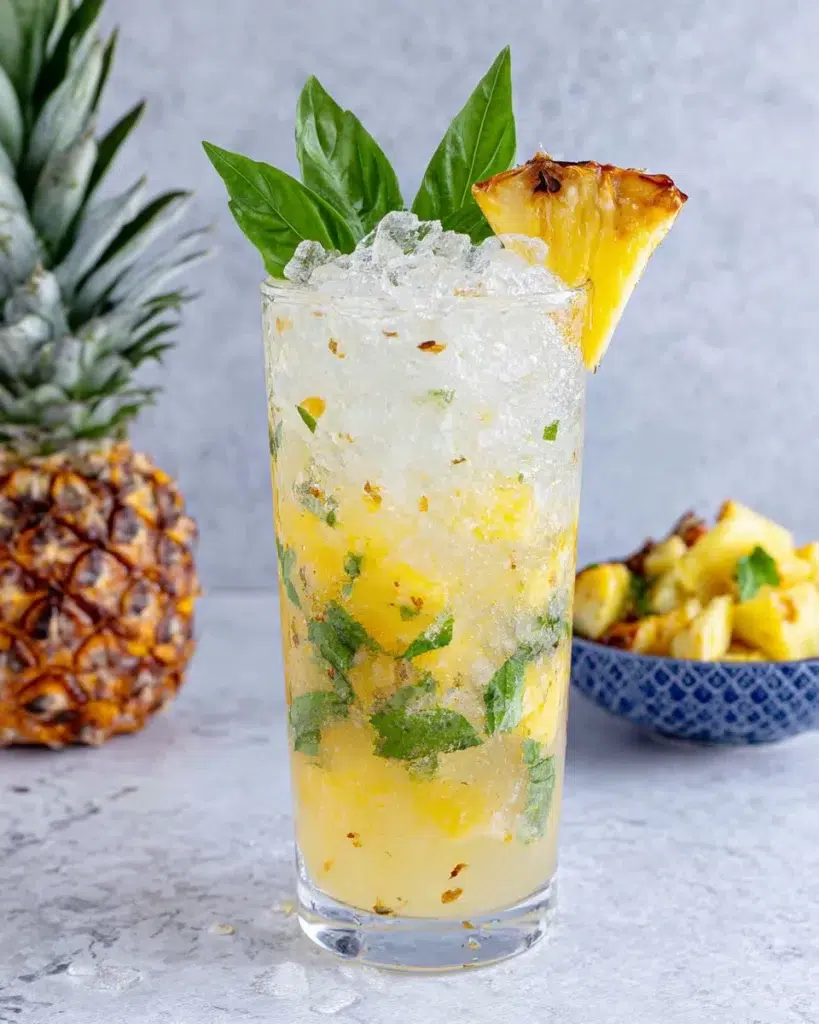A refreshing Vodka Pineapple Basil Smash Cocktail served in a Collins glass with fresh pineapple, basil leaves, Meyer lemon slices, and ice. This tropical vodka cocktail is garnished with a pineapple leaf and fresh basil, making it the perfect summer drink for parties, brunch, or happy hour.