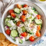 A bowl of creamy Cottage Cheese Salad made with fresh cottage cheese, chopped cucumbers, cherry tomatoes, red onion, dill, cracked black pepper, flaky sea salt, and a drizzle of olive oil. This healthy, high-protein salad is fresh, colorful, and ready in just 10 minutes.