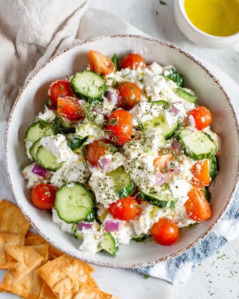 A bowl of creamy Cottage Cheese Salad made with fresh cottage cheese, chopped cucumbers, cherry tomatoes, red onion, dill, cracked black pepper, flaky sea salt, and a drizzle of olive oil. This healthy, high-protein salad is fresh, colorful, and ready in just 10 minutes.