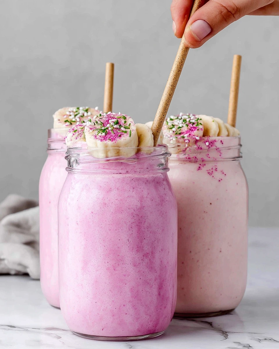 Creamy Pink Protein Smoothie made with frozen banana, Greek yogurt, vanilla protein powder, almond milk, and pink pitaya powder in a clear glass on a white marble countertop.