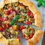 Savory Summer Galette Recipe with a flaky golden cornmeal crust filled with creamy ricotta, zucchini, sweet corn, juicy cherry tomatoes, Parmesan cheese, and fresh basil, baked until golden brown and served on a white plate.