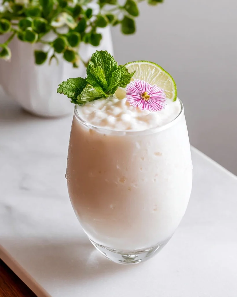 A creamy frozen Bamboo Colada made with amontillado sherry, sweetened coconut cream, sweet vermouth, and fresh lime juice, served in a chilled cocktail glass and garnished with an edible flower on a white marble countertop in natural light.