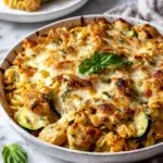 Freshly baked Zucchini Cheddar Chicken Noodle Casserole topped with golden melted cheddar cheese, tender chicken, sliced zucchini, and fresh basil in a rustic baking dish.