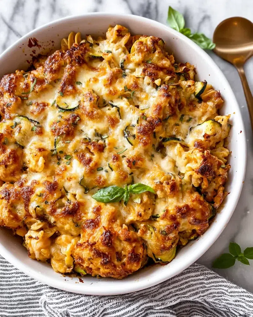Freshly baked Zucchini Cheddar Chicken Noodle Casserole topped with golden melted cheddar cheese, tender chicken, sliced zucchini, and fresh basil in a rustic baking dish.