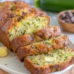 Freshly sliced Grandma's Secret Pioneer Woman Zucchini Bread with chocolate chips and a crunchy coarse sugar topping on a white plate in a bright home kitchen. Moist homemade zucchini bread with cinnamon and brown sugar, perfect for breakfast or dessert.