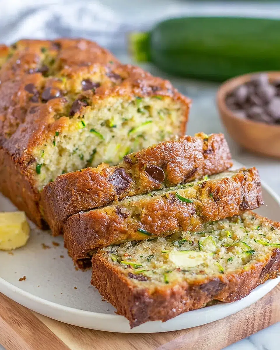 Freshly sliced Grandma's Secret Pioneer Woman Zucchini Bread with chocolate chips and a crunchy coarse sugar topping on a white plate in a bright home kitchen. Moist homemade zucchini bread with cinnamon and brown sugar, perfect for breakfast or dessert.