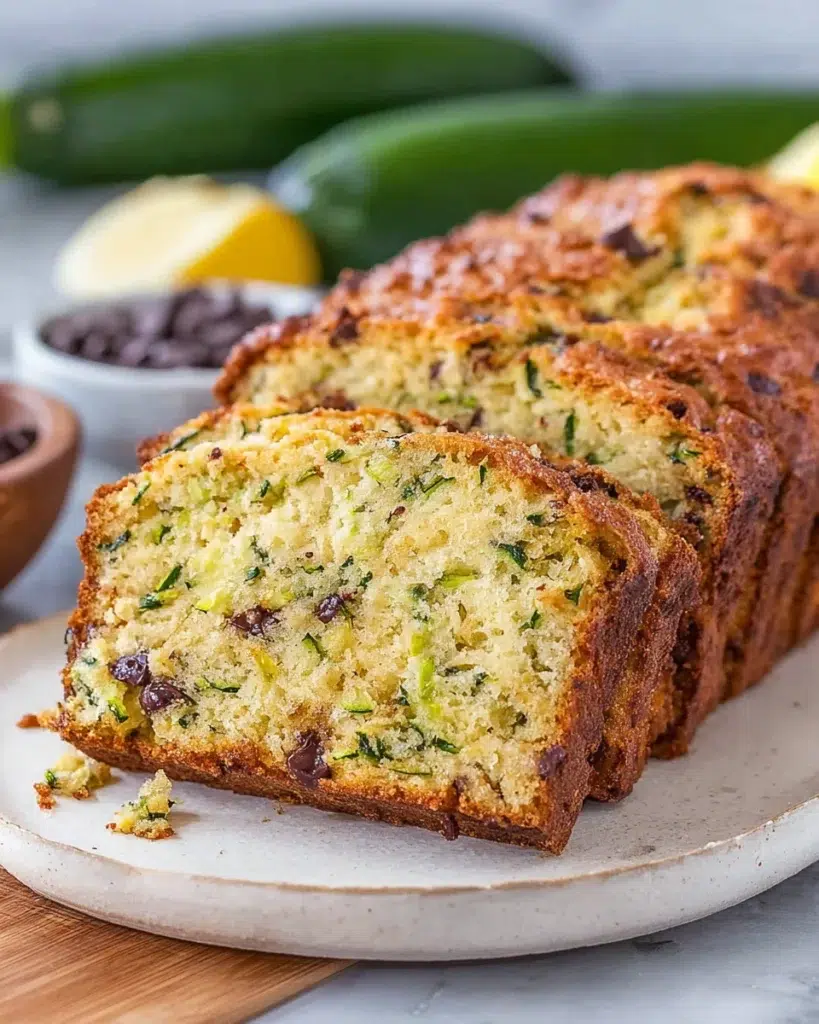 Freshly sliced Grandma's Secret Pioneer Woman Zucchini Bread with chocolate chips and a crunchy coarse sugar topping on a white plate in a bright home kitchen. Moist homemade zucchini bread with cinnamon and brown sugar, perfect for breakfast or dessert.