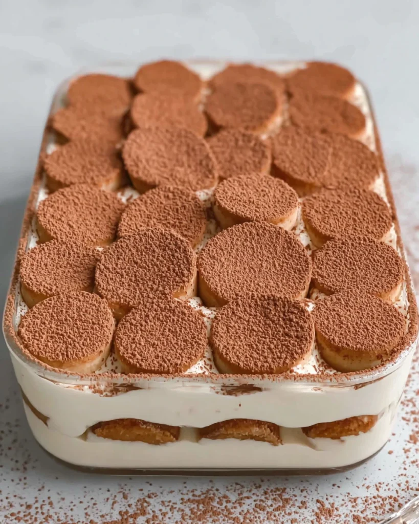 Close-up of homemade Bourbon Banana Pudding Tiramisu layered with coffee-soaked ladyfingers, creamy mascarpone filling, fresh banana slices, and a generous dusting of cocoa powder in a baking dish.