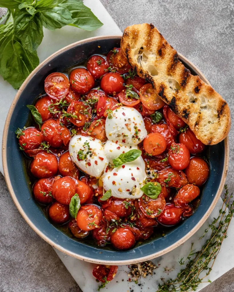 Close-up of Marinated Cherry Tomatoes with Burrata served on a white platter with juicy marinated cherry tomatoes, creamy torn burrata, fresh basil, thyme, cracked black pepper, and grilled bread on the side.