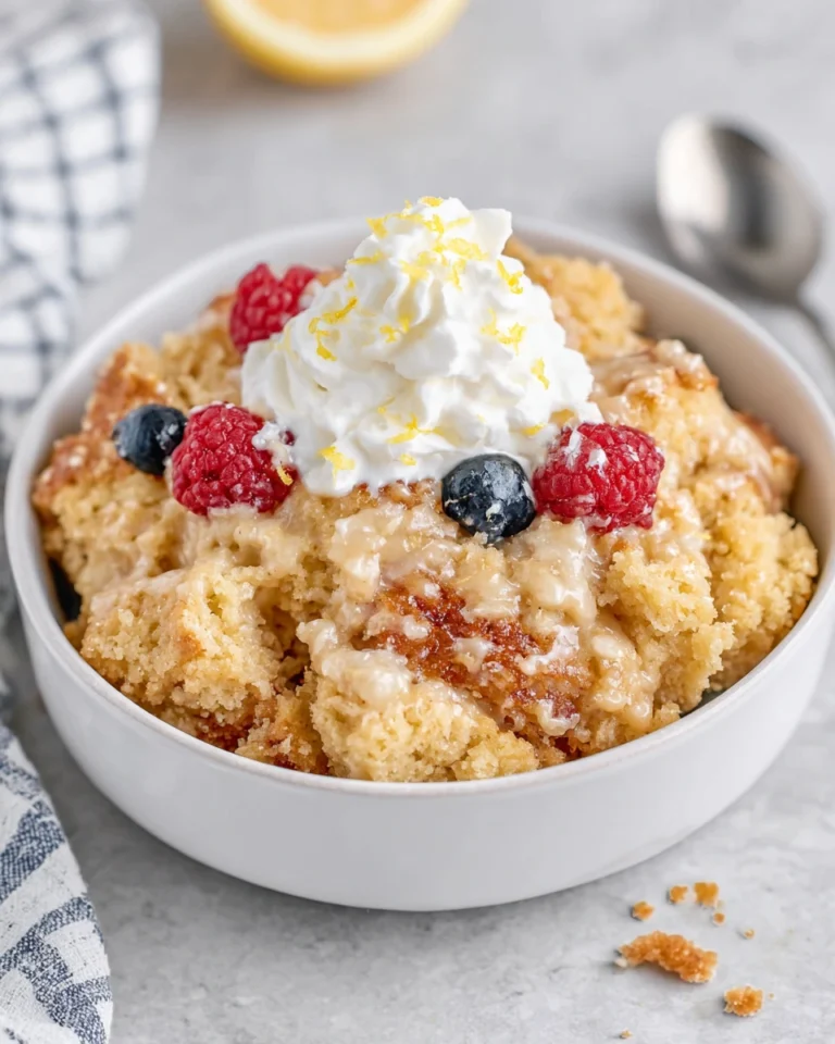 Warm 4-Ingredient Slow Cooker Summer Lemon Cookie Dessert made with lemon sandwich cookies, lemon pie filling, lemon cake mix, and butter, served in a white bowl with whipped cream on a white marble countertop.