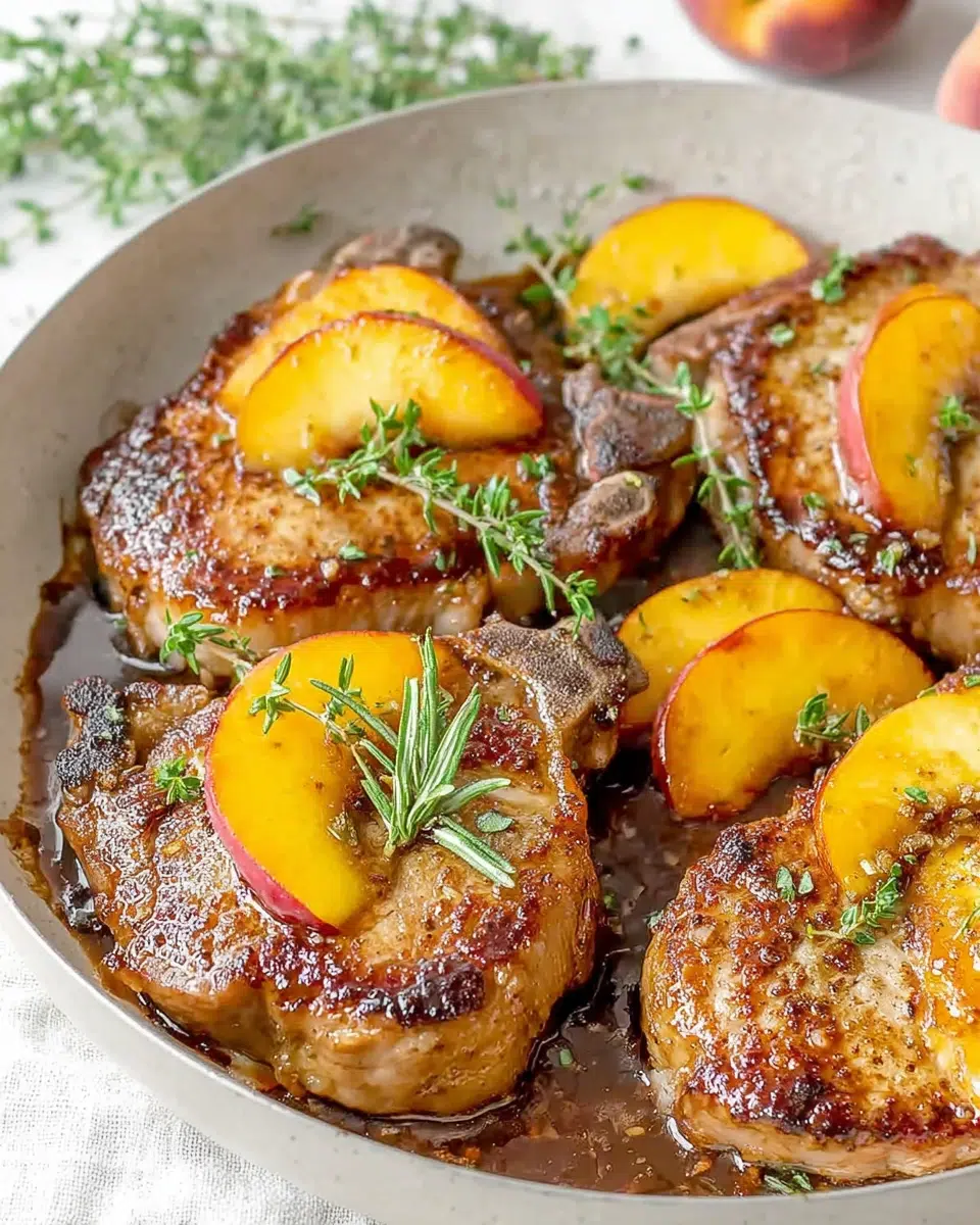 Homemade Peach Pork Chops served in a skillet with caramelized fresh peaches, balsamic butter sauce, rosemary, and thyme. Juicy golden-brown pork chops photographed in natural light on a white marble countertop for a warm homemade dinner presentation.
