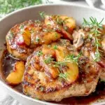 Homemade Peach Pork Chops served in a skillet with caramelized fresh peaches, balsamic butter sauce, rosemary, and thyme. Juicy golden-brown pork chops photographed in natural light on a white marble countertop for a warm homemade dinner presentation.