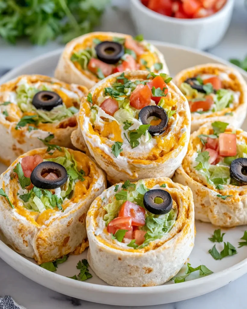 A plate of homemade Taco Cream Cheese Pinwheels made with cream cheese, cheddar cheese, taco seasoning, lettuce, tomatoes, black olives, and green onions wrapped in flour tortillas and sliced into bite-sized rolls on a white plate in a bright home kitchen.