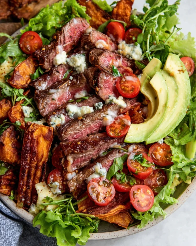 Sweet Potato Fry Steak Salad with Blue Cheese Butter served in a large bowl with juicy sliced ribeye steak, crispy roasted sweet potato fries, fresh romaine lettuce, cherry tomatoes, creamy avocado, melted blue cheese butter, and homemade balsamic vinaigrette on a white marble countertop in natural light.