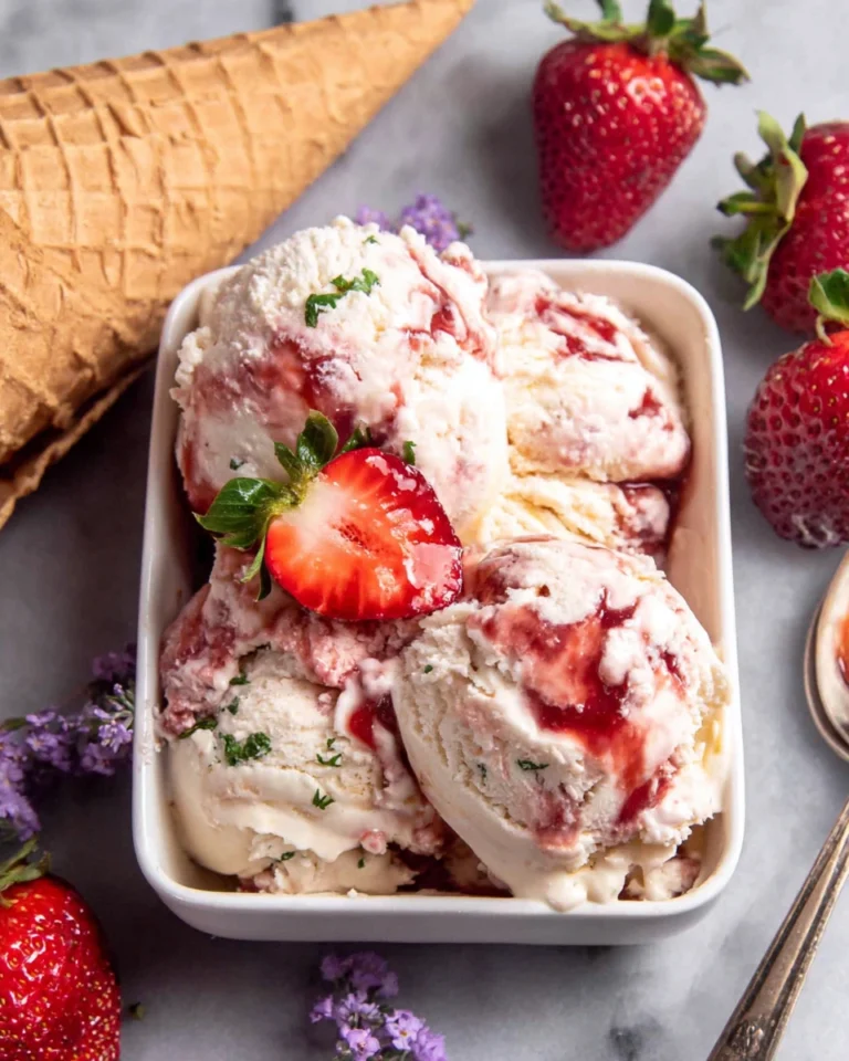 Creamy homemade No Churn Strawberry Jam Ice Cream served in a white bowl with beautiful strawberry jam swirls and fresh strawberry slices. This easy four-ingredient frozen dessert requires no ice cream maker and is perfect for summer.