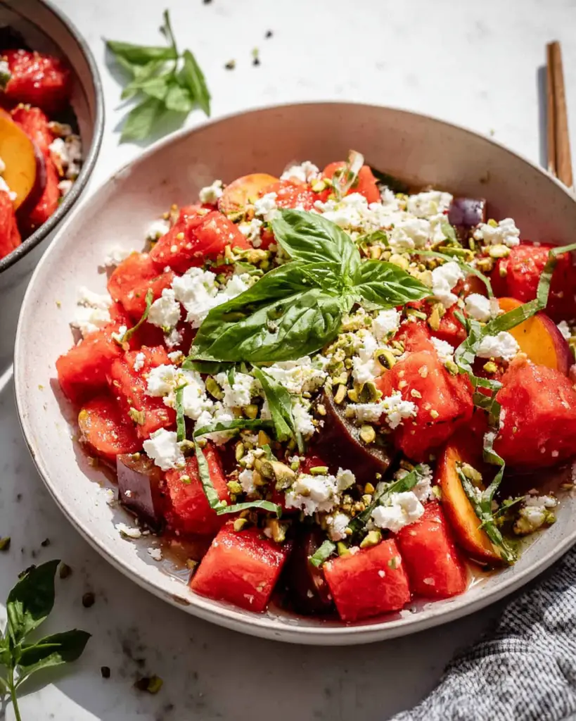 A colorful bowl of Watermelon Peach Salad made with juicy watermelon cubes, fresh peach slices, creamy crumbled feta cheese, basil leaves, roasted pistachios, and a homemade honey champagne vinaigrette, perfect for a refreshing summer meal.