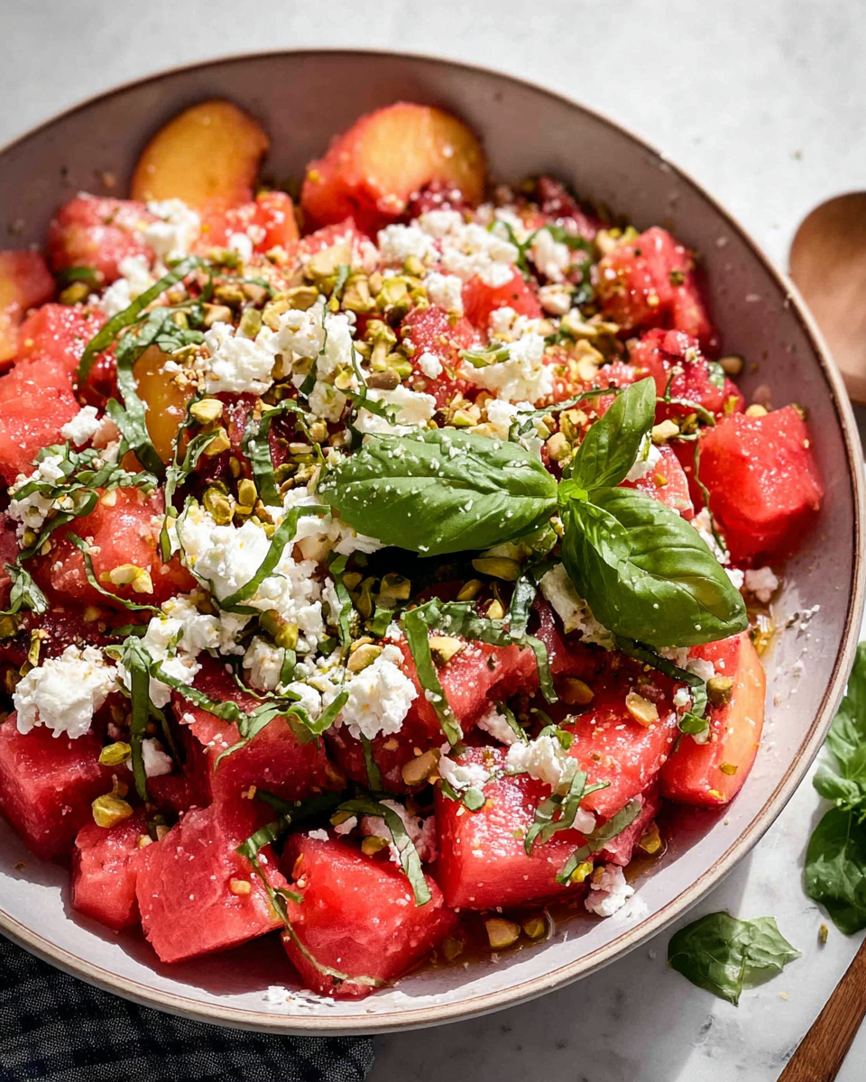 A colorful bowl of Watermelon Peach Salad made with juicy watermelon cubes, fresh peach slices, creamy crumbled feta cheese, basil leaves, roasted pistachios, and a homemade honey champagne vinaigrette, perfect for a refreshing summer meal.