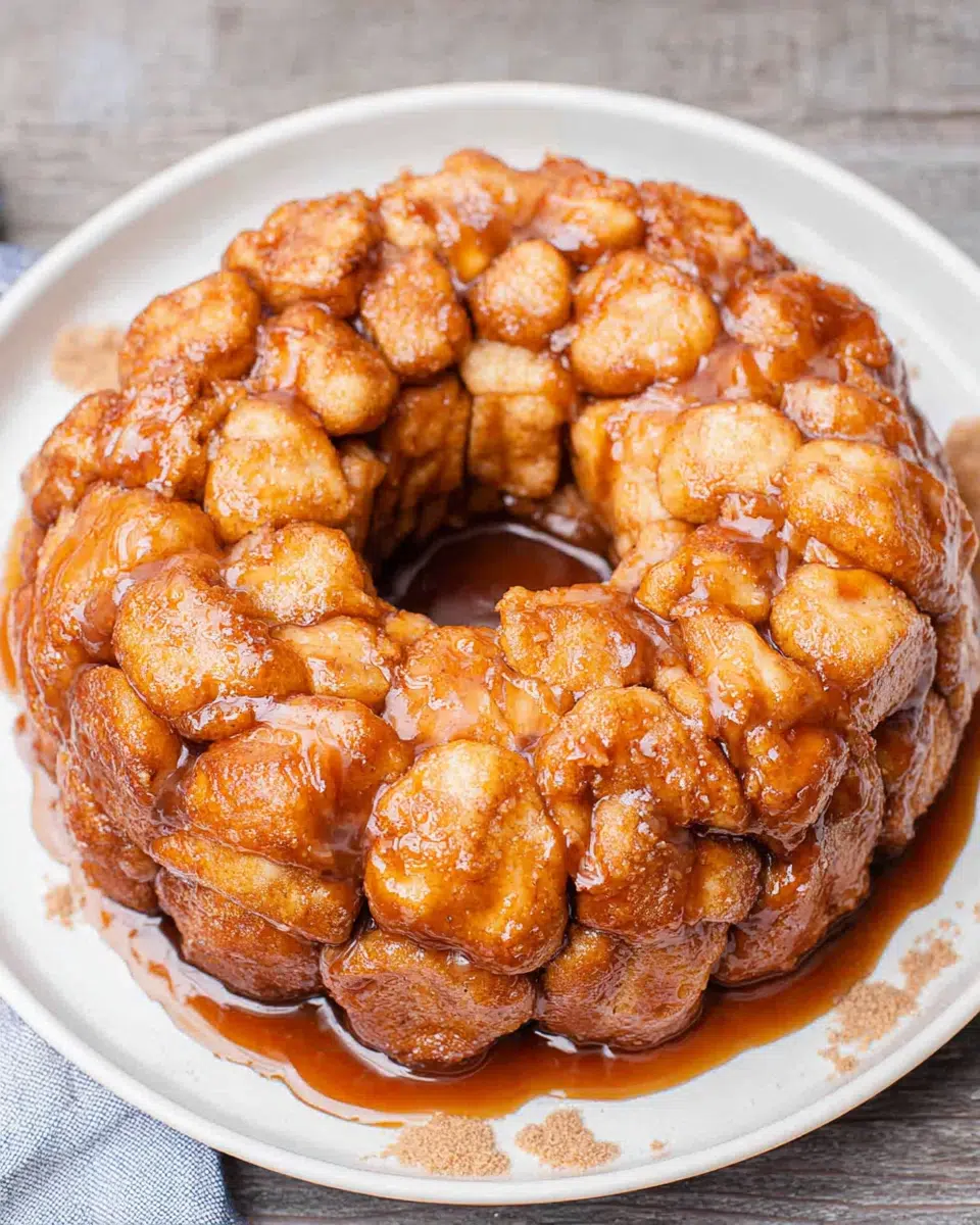 Freshly baked Granny's Monkey Bread Recipe served on a white plate, featuring golden pull-apart biscuit dough coated in buttery cinnamon sugar caramel. Homemade monkey bread photographed in natural kitchen light with a warm, gooey texture and rustic presentation, perfect for breakfast, brunch, or dessert.