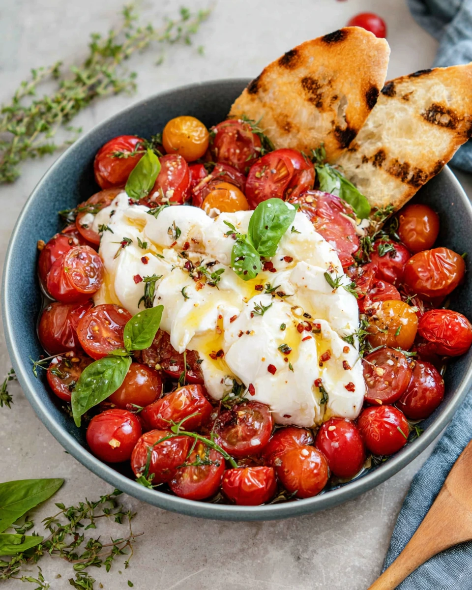 Close-up of Marinated Cherry Tomatoes with Burrata served on a white platter with juicy marinated cherry tomatoes, creamy torn burrata, fresh basil, thyme, cracked black pepper, and grilled bread on the side.