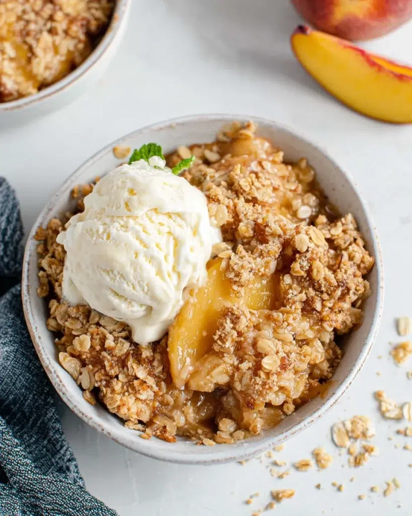 Fresh homemade Peach Crisp baked with juicy sliced peaches, warm cinnamon, and a buttery golden oat crumble topping, served warm with melting vanilla ice cream in a rustic baking dish on a white marble countertop.