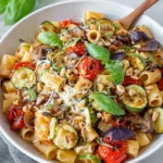 A bowl of roasted vegetable pasta made with rigatoni, caramelized zucchini, red bell peppers, mushrooms, cherry tomatoes, garlic, fresh basil, lemon zest, olive oil, and grated Pecorino cheese, served in natural light on a white marble countertop.