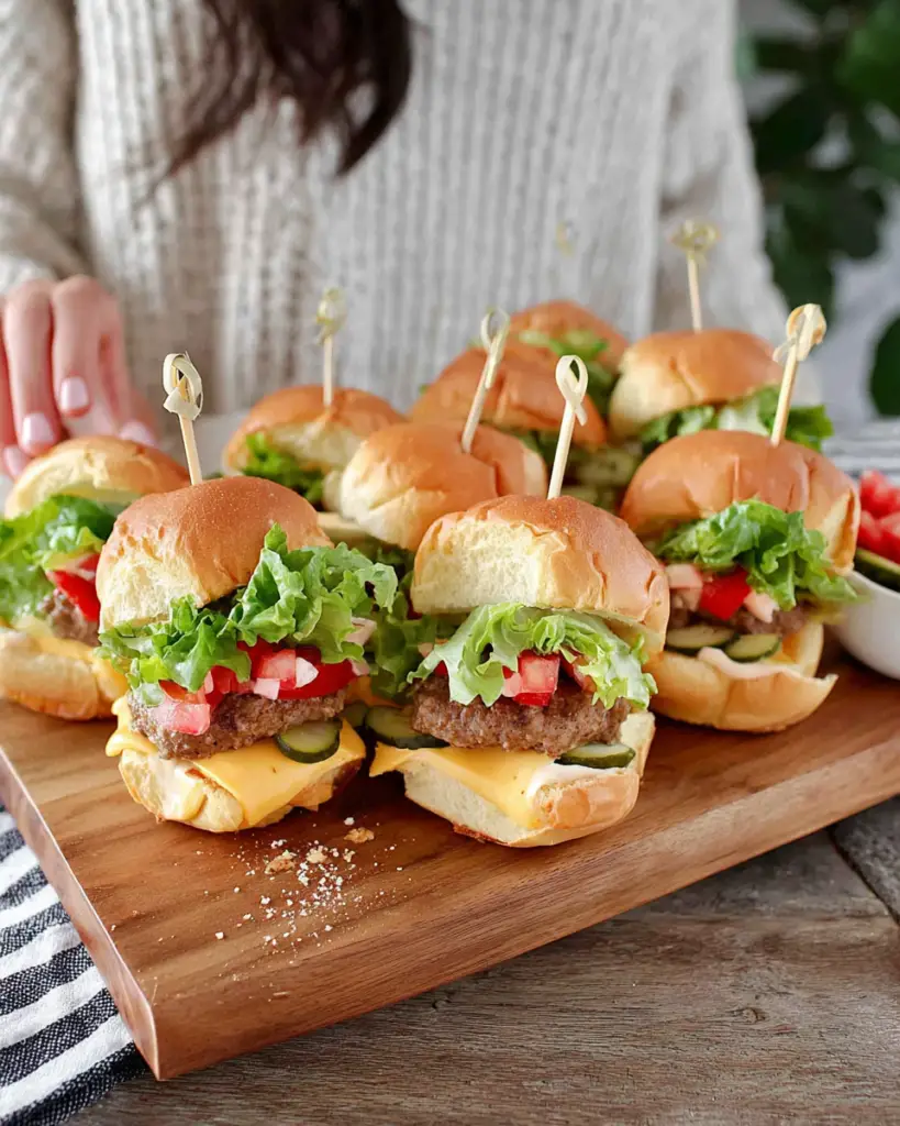 Mini Cheeseburger Slider Bites stacked on skewers with juicy seasoned beef, melted cheddar cheese, fresh lettuce, tomato slices, dill pickles, toasted slider buns, and creamy special sauce, served on a platter for parties and game day entertaining.