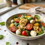 A bowl of Tortellini Caprese Salad made with cheese tortellini, cherry tomatoes, fresh mozzarella pearls, basil, spinach, olive oil, balsamic vinegar, and balsamic glaze, served in a white bowl on a marble countertop in natural light.