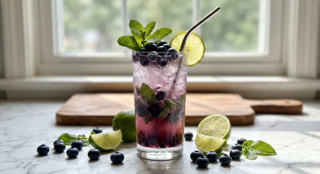 Blueberry Keto Mojito served over crushed ice in a clear highball glass, made with fresh blueberries, mint leaves, lime juice, white rum, and club soda. A refreshing sugar-free summer cocktail garnished with fresh blueberries and mint on a white marble countertop.