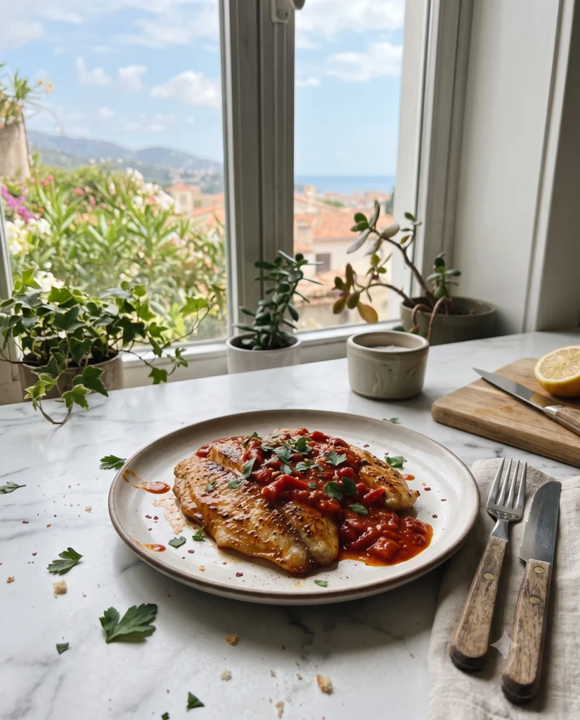 Savory Tilapia in Bold Roasted Pepper Sauce served on a white plate with flaky pan-seared tilapia covered in a creamy roasted red pepper sauce and garnished with fresh parsley, photographed in natural light on a white marble countertop.