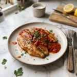 Savory Tilapia in Bold Roasted Pepper Sauce served on a white plate with flaky pan-seared tilapia covered in a creamy roasted red pepper sauce and garnished with fresh parsley, photographed in natural light on a white marble countertop.