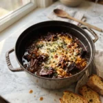 Tender French Onion Pot Roast slow-braised with caramelized onions, rich beef gravy, and melted Gruyère cheese in a Dutch oven, served with toasted baguette for a cozy family dinner.