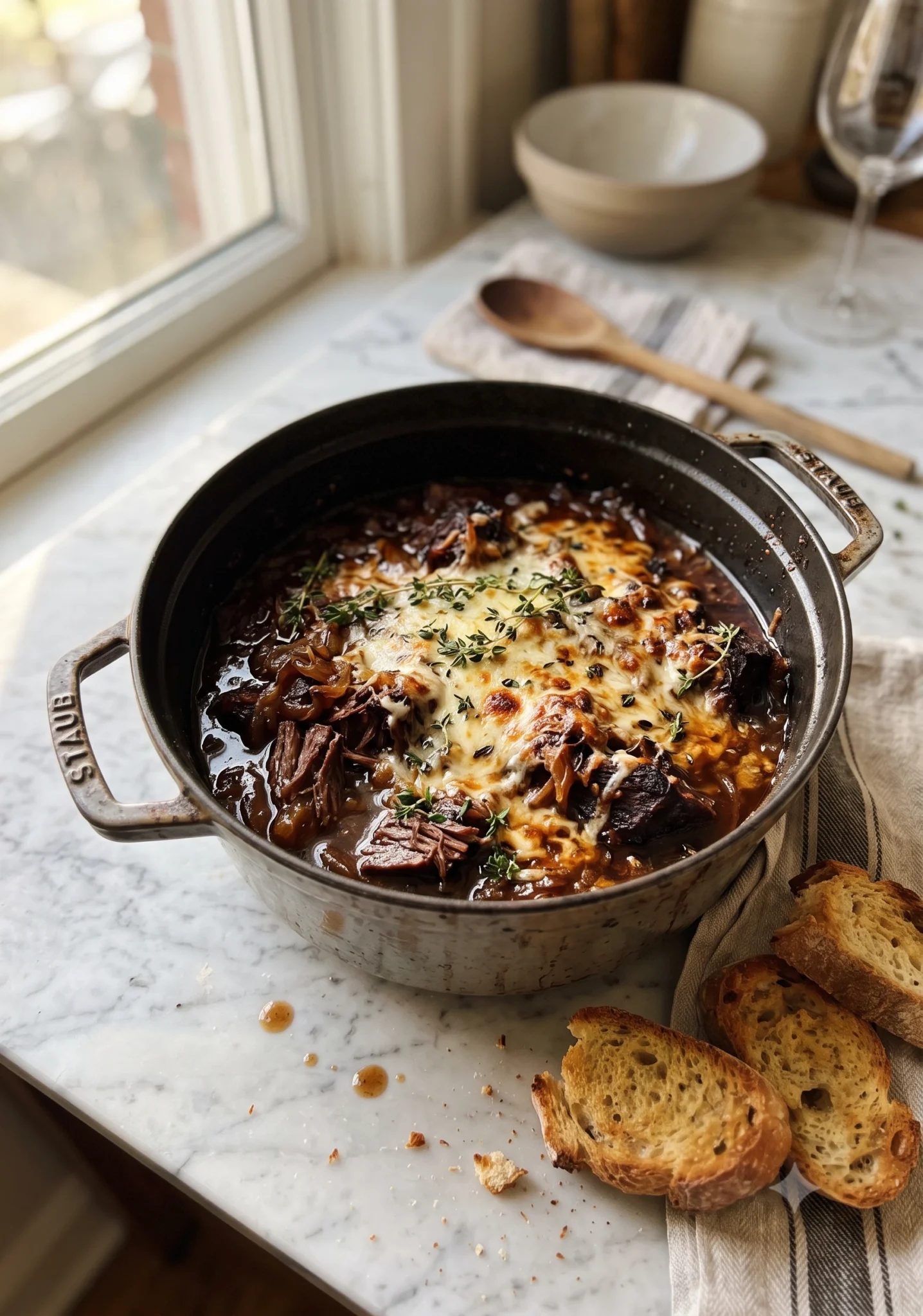 Tender French Onion Pot Roast slow-braised with caramelized onions, rich beef gravy, and melted Gruyère cheese in a Dutch oven, served with toasted baguette for a cozy family dinner.