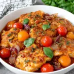 Close-up of tender cod fillets served in a glossy tomato garlic sauce with cherry tomatoes, fresh basil, and lemon on a white marble kitchen counter.