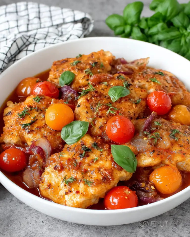 Close-up of tender cod fillets served in a glossy tomato garlic sauce with cherry tomatoes, fresh basil, and lemon on a white marble kitchen counter.