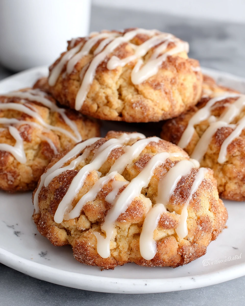 Soft and chewy apple cider cookies coated in cinnamon sugar and drizzled with apple cider glaze on a white marble counter.