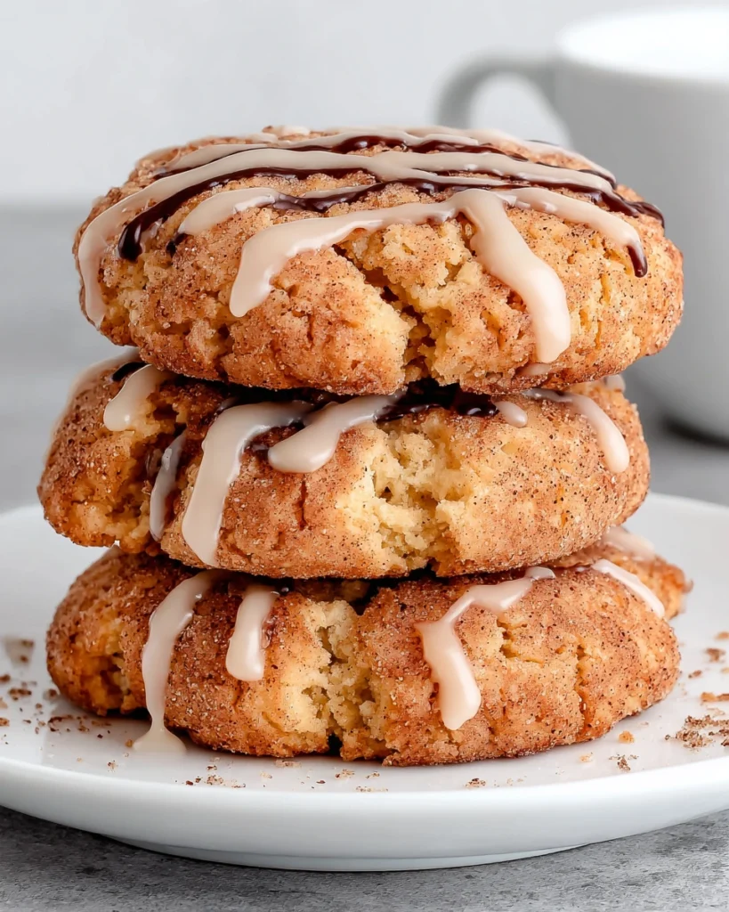 Soft and chewy apple cider cookies coated in cinnamon sugar and drizzled with apple cider glaze on a white marble counter.