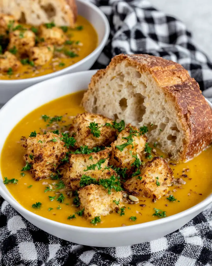 A bowl of creamy golden-orange butternut squash soup topped with fresh parsley and toasted pepitas, served with crusty bread on a white marble counter in natural window light.