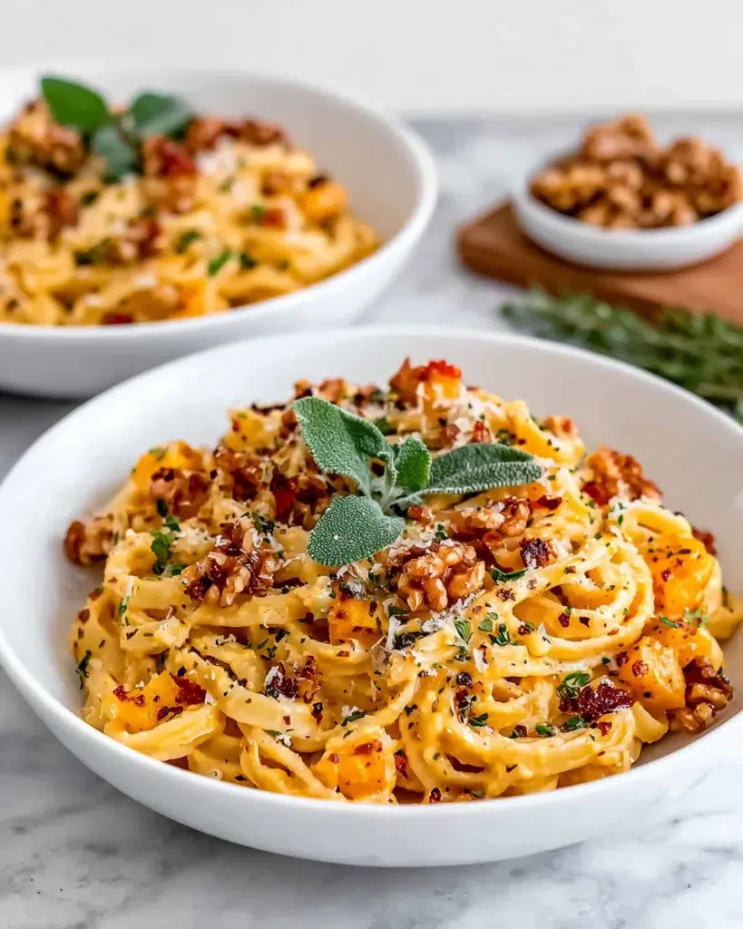 Butternut squash pasta with roasted squash, fresh sage, Parmesan cheese, and toasted walnuts served on a rustic plate on a white marble kitchen counter.